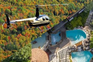 Scandinave Spa Mont-Tremblant after helicopter tour. Mont-Tremblant Helicopter Tour and Scandinave Spa, a high flying and relaxing spa experience gift.