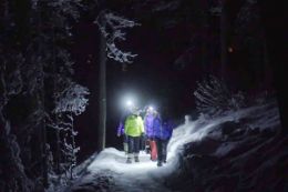Johnston Canyon Icewalk, trail at night with headlamps
