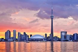Toronto skyline on sunset sale Lake Ontario