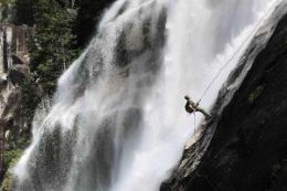 Rappelling down side of Shannon Falls, Squamish BC